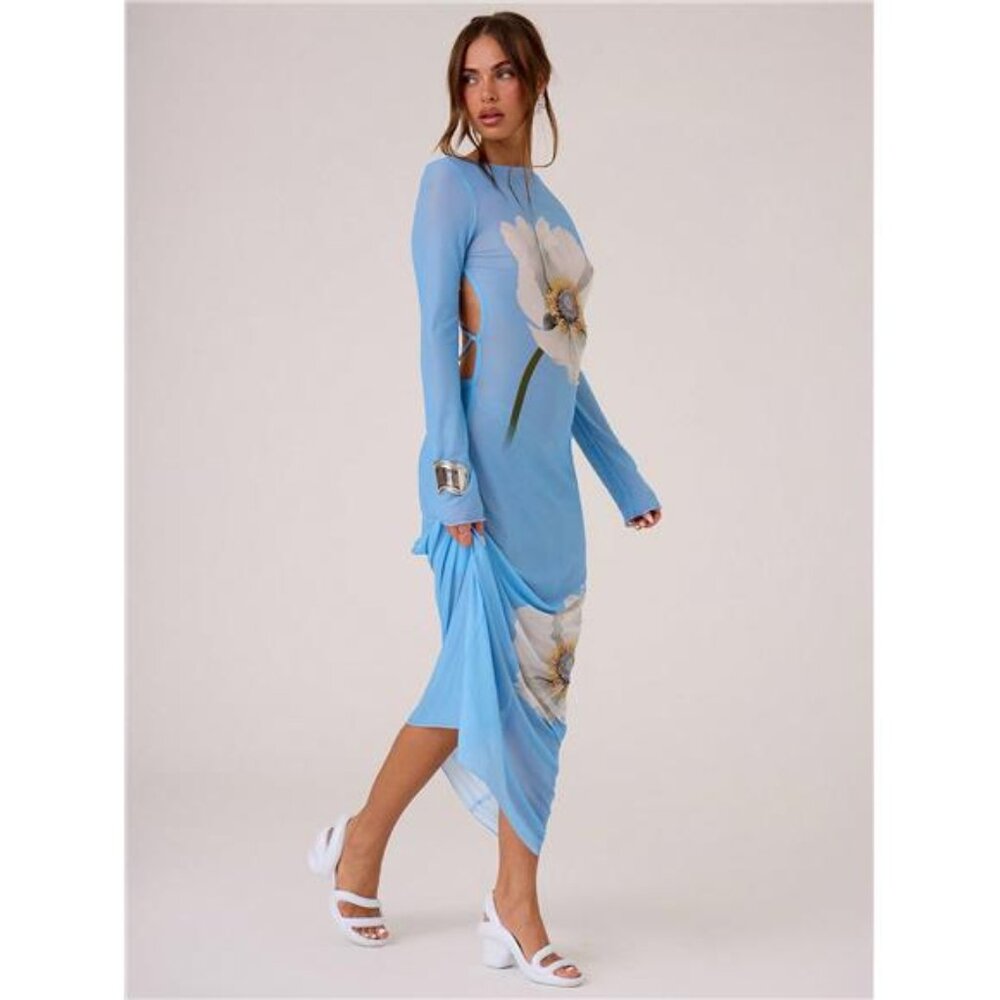 Women's Semi Sheer Floral Print Backless Maxi Dress